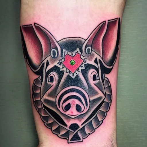 Image similar to traditional american tattoo of pig wearing a gold crown