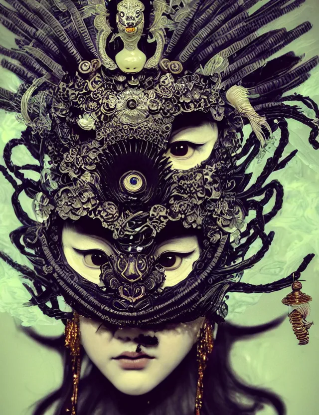 Image similar to goddess macro close - up portrait with crown and mask made of ram skull. beautiful intricately detailed japanese crow kitsune mask and clasical japanese kimono. betta fish, jellyfish phoenix, bioluminescent, plasma, ice, water, wind, creature, artwork by tooth wu and wlop and beeple and greg rutkowski