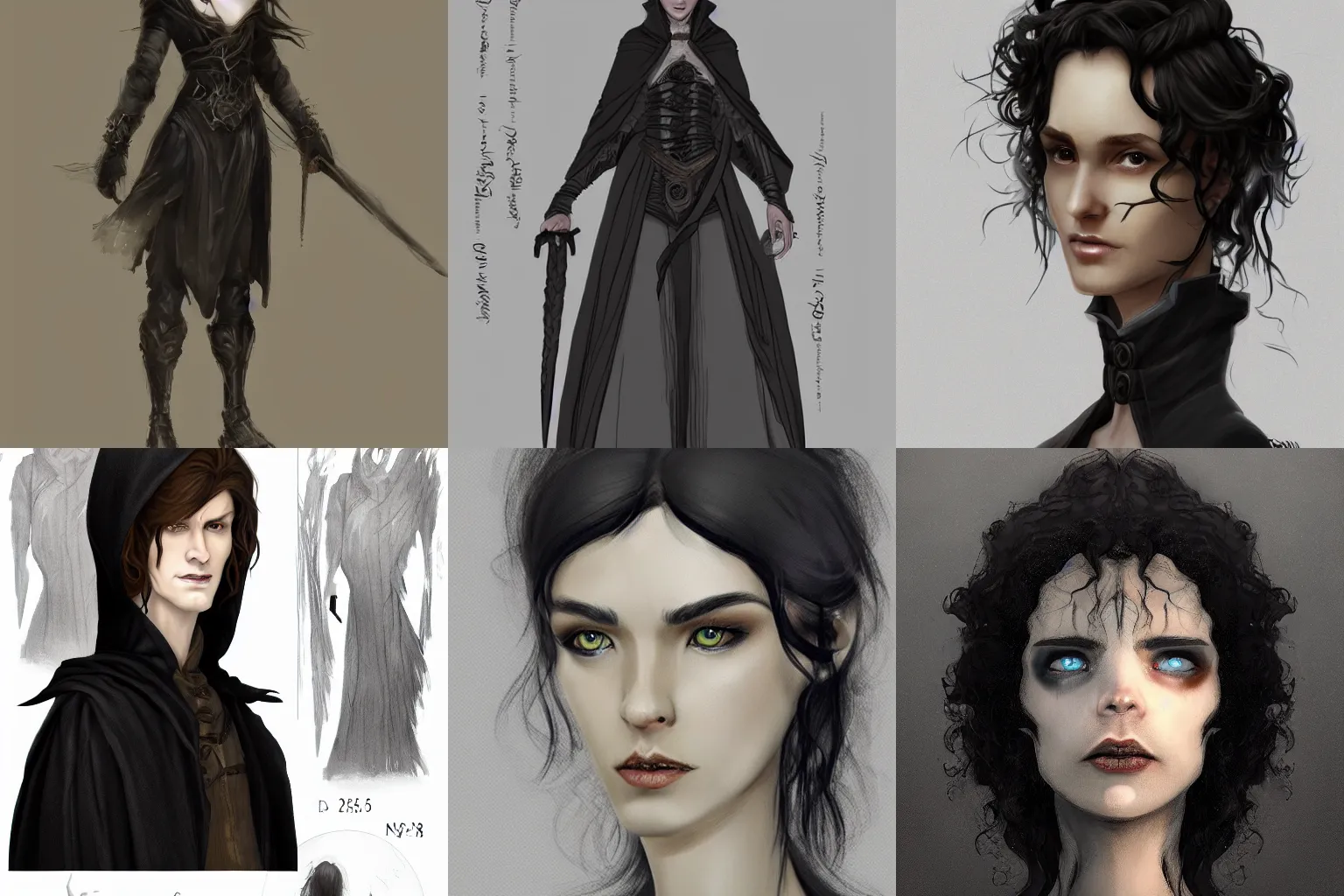 Prompt: a shorter person. narrow features, with black curly hair. pale skin,wears a dark cloak over form fitting clothes, portrait featured on artstation