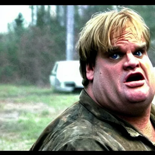 Prompt: chris farley as an actor on walking dead killing zombies highly realistic photo