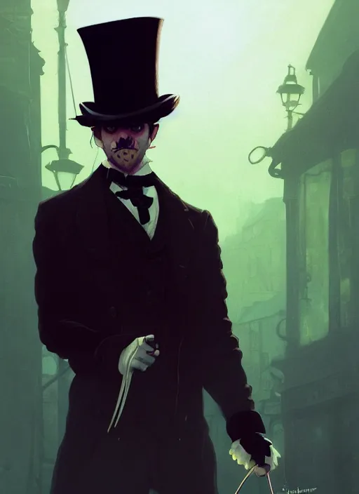 Prompt: highly detailed portrait of jack the ripper wearing goggles and a top hat, stephen bliss, unreal engine, greg rutkowski, loish, rhads, beeple, makoto shinkai and lois van baarle, ilya kuvshinov, rossdraws, tom bagshaw, tom whalen, alphonse mucha, global illumination, god rays, detailed and intricate environment