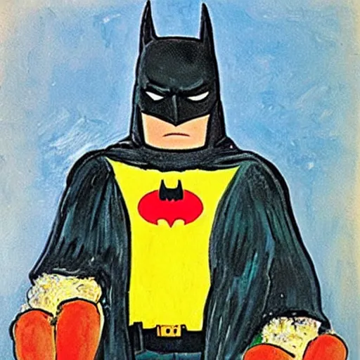 Prompt: batman eating a hotdog painted by van gogh