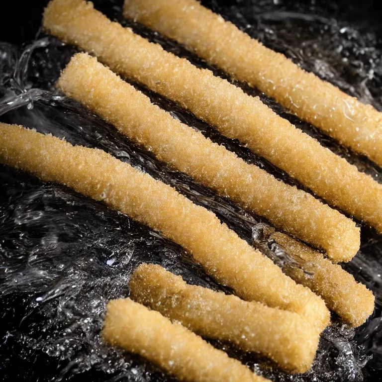 Image similar to Soaking wet soggy fish stick drenched with a stream water from a faucet on a moist wet plate. Very wet delicious fish sticks with specular highlights. Water drips from the wet fish sticks. Macro lens close up shot 8K food commercial shot award winning