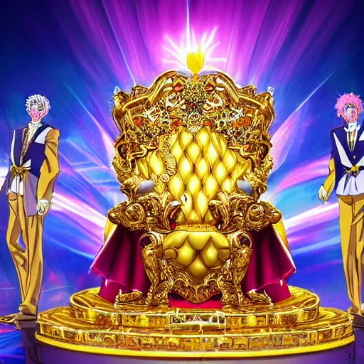 Image similar to anime of a shining majestic throne made of millions of diamonds, gold and zaphires with thousands of light reflections, and a clown on a tuxedo suit is sitting on the throne while handing a golden balloon, dramatic light