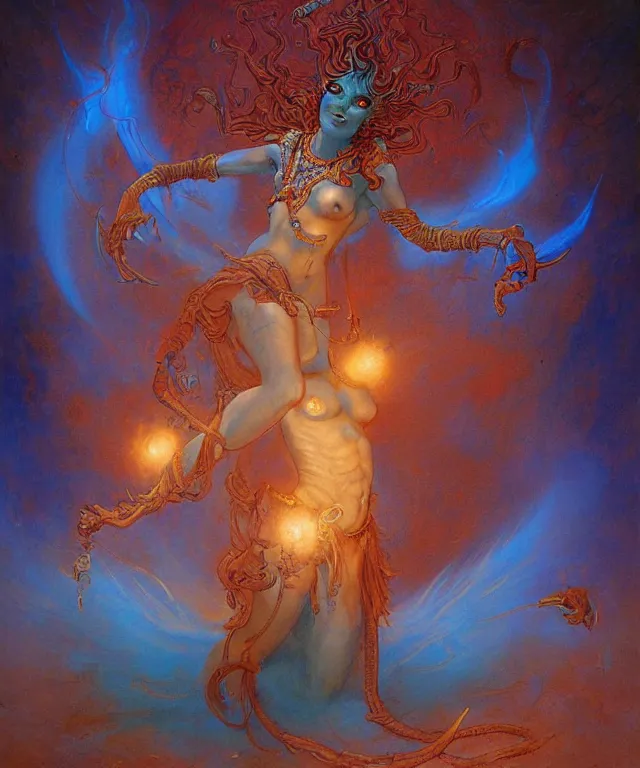 Image similar to blue shiva with dancing, glowing fiery background, in the style of peter mohrbacher, wayne barlowe, gustav moreau, bussiere, roberto ferri, santiago caruso, luis ricardo falero, austin osman spare, colorful