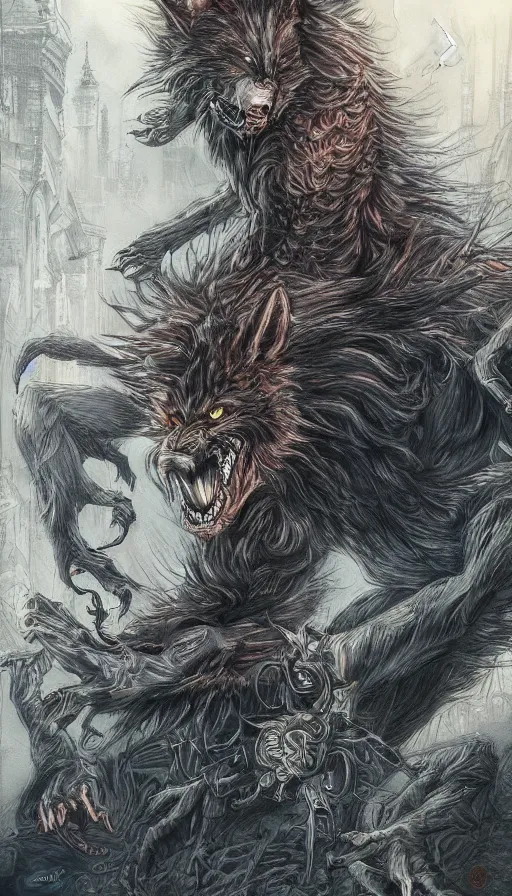 Image similar to Werewolf in London, by Ayami Kojima, studio ghibli, cinematic lighting, intricate, highly detailed, digital painting, trending on artstation, Illustration, epic scale