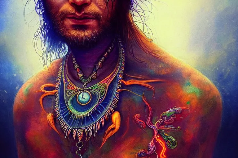 Image similar to meditating psychedelic shaman with trinket necklace, epic angle and pose, symmetrical artwork, ayahuasca, translucent, fungus, energy flows of water and fire, highly detailed, epic cinematic concept art, excellent composition, dystopian brutalist atmosphere, dynamic dramatic lighting, aesthetic, very inspirational, arthouse, Greg Rutkowski, Artgerm