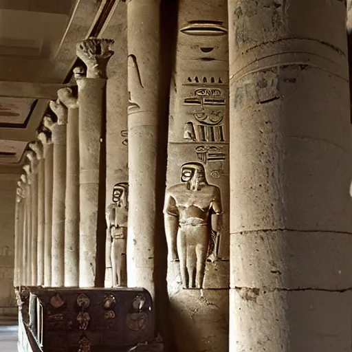 Prompt: an ancient supercomputer in a Greco-Egyptian temple in Alexandria, consisting of a statue of the god Serapis holding a roll of papyrus, and with many wooden levers and bronze gears behind it