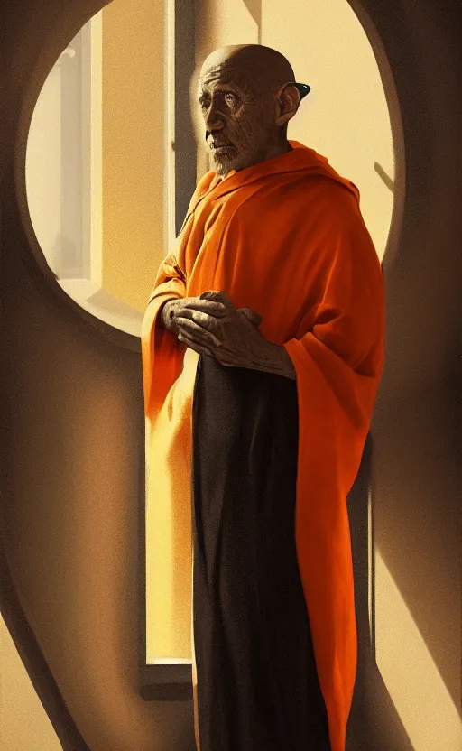 Image similar to portrait of an old monk, spaceship window, planet, orange robe, dramatic lighting, artstation, matte painting, johannes vermeer