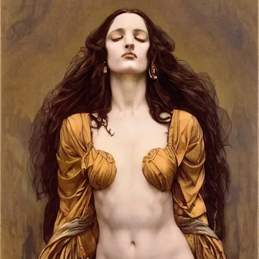 Prompt: realistic interpretation of the spirit of my ancestors by gerald moira, frederic leighton, amano, greg hildebrandt, and mark brooks, female, feminine, art nouveau, victorian, neo - gothic, gothic, character concept design