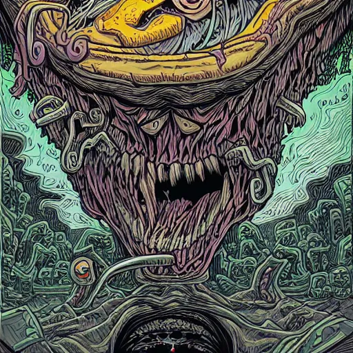 Image similar to head eating itself with long tongue and dark ink bombing from the eye, illustrated by Dan Mumford
