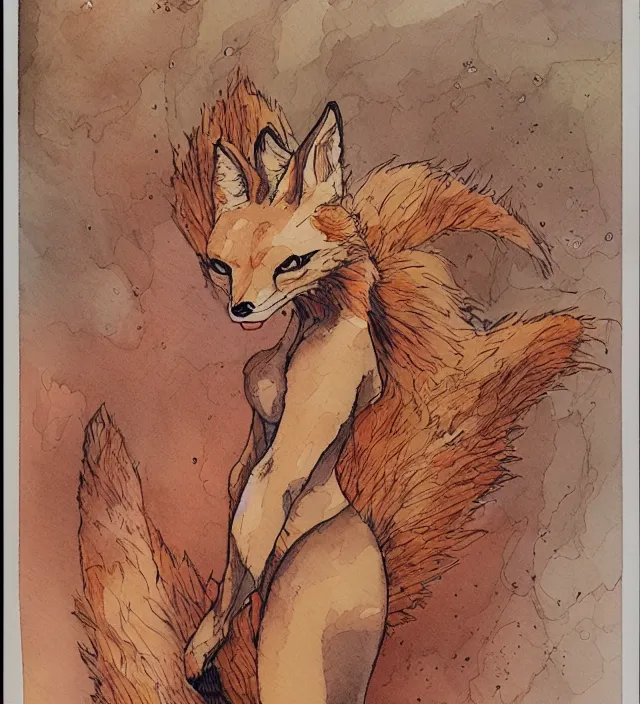 Prompt: a 3 / 4 view watercolor ink painting of an anthromorphic fox as a witch in the style of jean giraud in the style of moebius trending on artstation deviantart pinterest detailed realistic hd 8 k high resolution