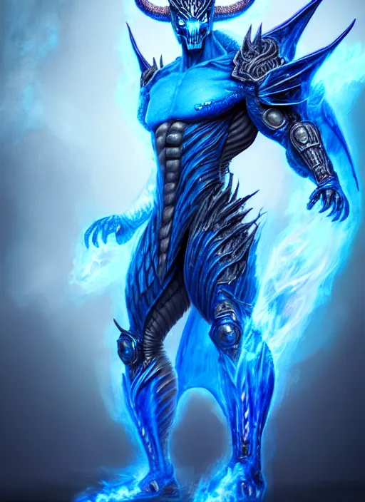 Image similar to muscular and tall blue ghostly fire humanoid dragon!!!! draconian!! intricate ornate iridescent heavy armor!! character concept art, sharp focus, octane render! unreal engine 5! highly rendered!! trending on artstation!! detailed linework!! illustration by artgerm, wlop, and chie yoshii