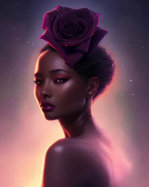 Image similar to black rose beauty portrait, night, celestial aura of light, artgerm, wlop, sylvain sarrailh, photorealism, artstation