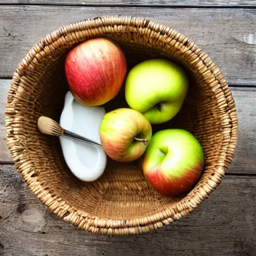 Image similar to photograph of a basket full of apples, toothbrush and garlic