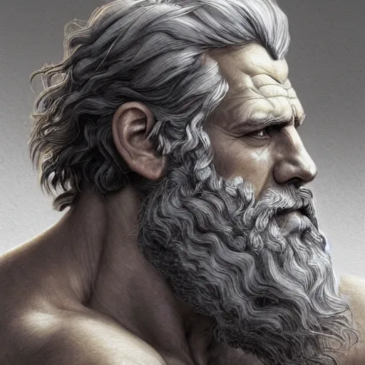 Image similar to portrait of rugged zeus, greek god, salt and pepper hair, soft hair, d & d, muscular, hairy torso, fantasy, intricate, elegant, highly detailed, digital painting, artstation, concept art, smooth, sharp focus, illustration, art by artgerm and greg rutkowski and alphonse mucha