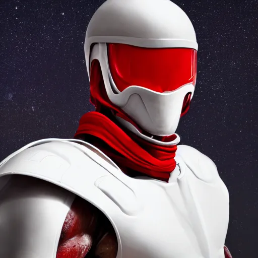 Image similar to headshot of a tall athletic muscular infantry man in glossy sleek white armor with tiny red details and a long red cape, heroic posture, strong jawline, on the surface of mars, night time, dramatic lighting, cinematic, sci-fi, hyperrealistic