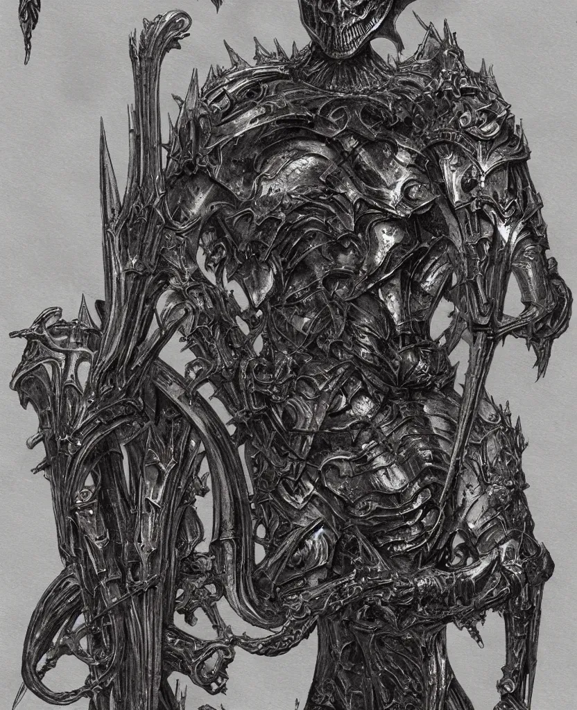 Prompt: a single filigree ornamental medieval iron and black bronze armor with skeletal features and short spikes, frontal, art by (((wayne barlowe))), hr giger, hedi xandt, foggy, dimly lit, artstation, concept art,