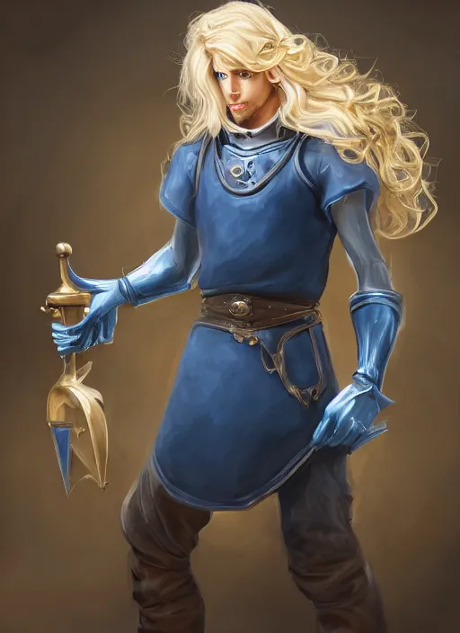 Image similar to a highly detailed illustration of long wavy bright blonde haired effeminate boy wearing blue blacksmith apron and iron mechanical arms, lanky body, blue eyes, dramatic smiling pose, perfect face, symmetrical eyes, intricate, elegant, highly detailed, centered, digital painting, artstation, concept art, smooth, sharp focus, league of legends concept art, wlop