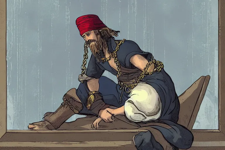 Prompt: aesthetic digital illustration of a pirate wearing a ball and chain, sitting at n a cot under a barred window