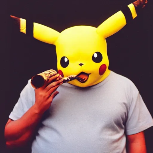 Prompt: Pikachu smoking a fat blunt with the notorious BIG, Cinestill 800T