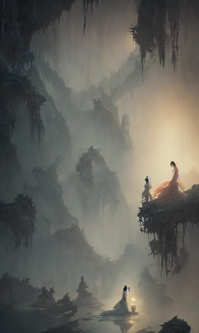 Image similar to chinese horror detailed art, paper wedding dress, cinematic view, detailed, concept art, lhigh detail, dark fantasy lighting, volumetric, trending on artstation, by jordan grimmer, huge scene, art greg rutkowski