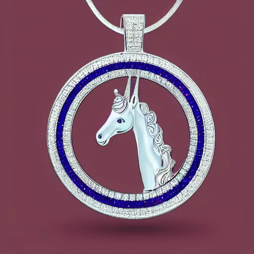 Image similar to a silver unicorn necklace pendant, 3 d rendering, in the style of pandora, tiffany, swarovski, van cleef & arpels, cartier, boucheron, bulgari, chaumet, elegant, noble, stylish