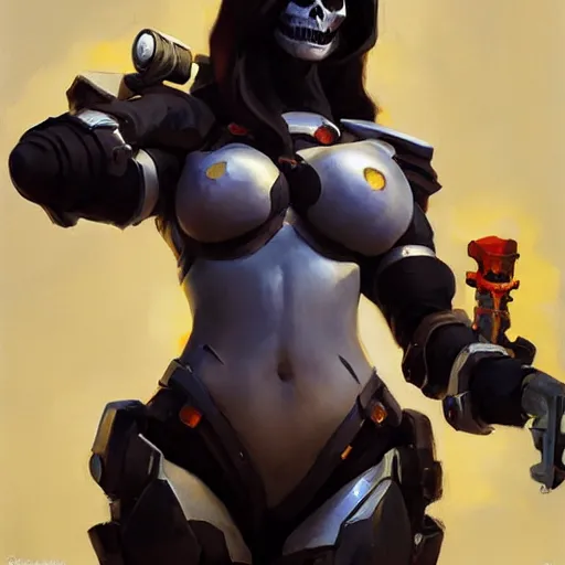 Image similar to greg manchess portrait painting of partially armored lady death as overwatch character, medium shot, asymmetrical, profile picture, organic painting, sunny day, matte painting, bold shapes, hard edges, street art, trending on artstation, by huang guangjian and gil elvgren and sachin teng