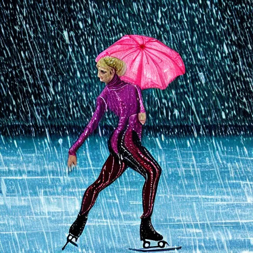 Prompt: a profssional figure skater lady practicing skating while snow is raining, romantic painting n - 9