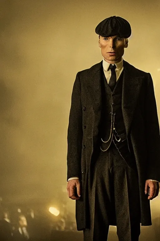 Prompt: Full-body portrait of Cillian Murphy in Peaky Blinders standing, arms crossed, dramatic, gloomy, dark