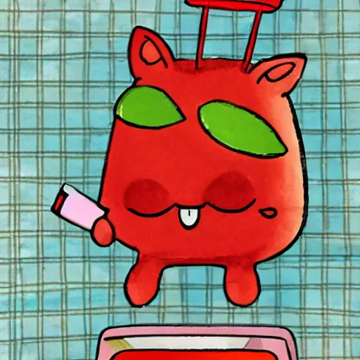 Prompt: a cute strawberry character with two front teeth, holding a yellow toothbrush, in the style of richard scarry