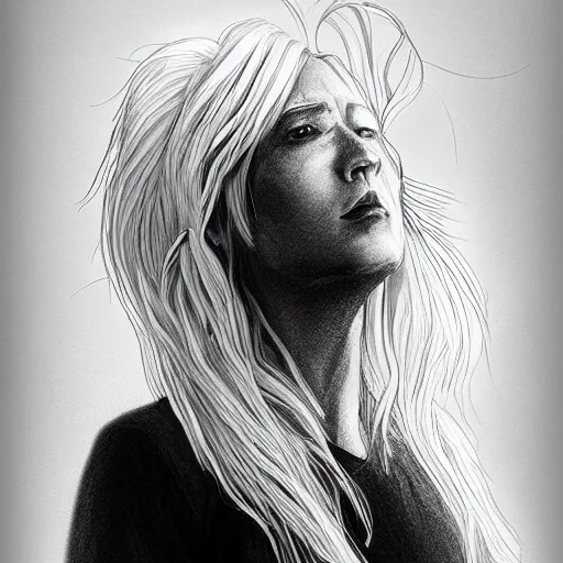Prompt: god, non-binary, white hair, long hair, artstation, ethereal, sketch, black and white, pencil, highly detailed
