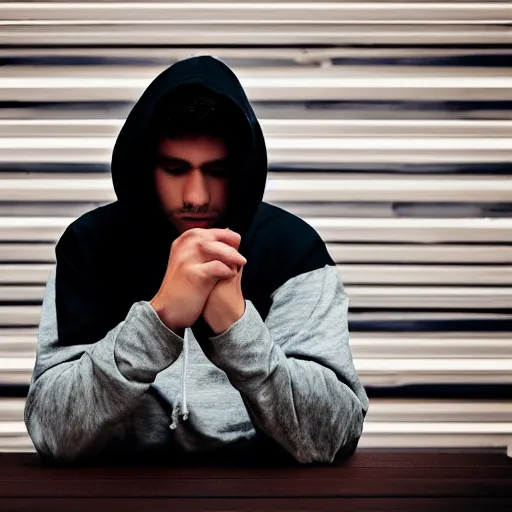 Image similar to guy in white hoodie sitting alone at a wooden table. black background