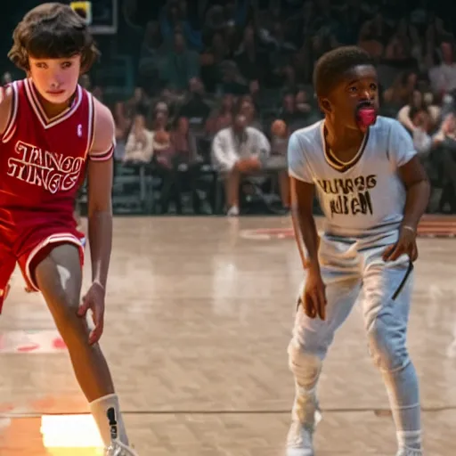 Prompt: will from stranger things playing basketball and making a shot in an nba stadium , close up shot, wide angle, lens flares