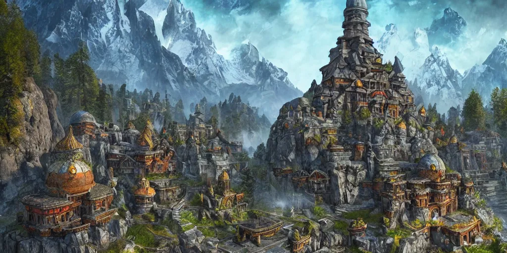 Image similar to An underground dwarven city as Far Cry 4 concept art, spring season, beautiful, gorgeous buildings, concept art by Viktor Vasnetsov, concept art, ancient era, warm lighting, soft pastel by Ivan Shishkin, Dimitri Desiron and Antonio Lopez Garcia, hyperborea, high resolution, trending on artstation,