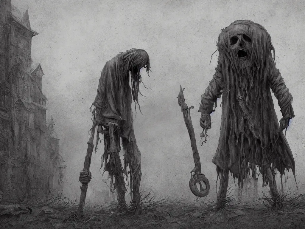 Prompt: creepy gravedigger in the style of John Kenn Mortensen, realistic painting, high definition, digital art, matte painting, very detailed, realistic