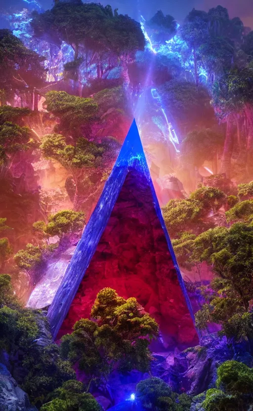 Image similar to a glowing blue crystal tetrahedron!!! in the middle of ancient ruins in a lush prehistoric jungle, inside a humongous cave, red and magenta flowers, sunset, godrays, orange and blue sky, haze, volumetric lighting, digital render, photorealistic, unreal engine 5, ultra detail, trending on artstation