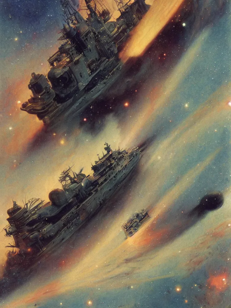Prompt: World War II battleship going to lightspeed in a nebula, by Mucha, trending on ArtStation