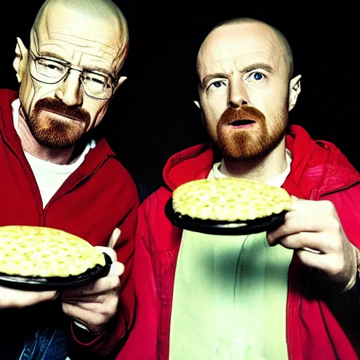 Image similar to walter white and jesse pinkman eating hamburger