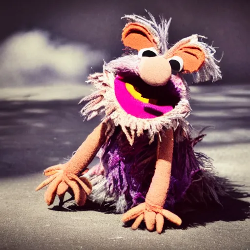 Prompt: disheveled, worn, torn muppet