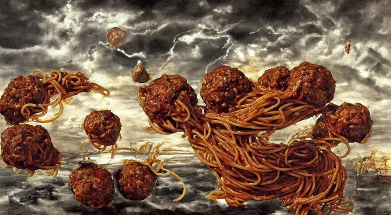 Prompt: spaghetti bolognesa with meatballs and hundred rusted perfect woman bodies flying in stormy clouds by dali, hyper - realism