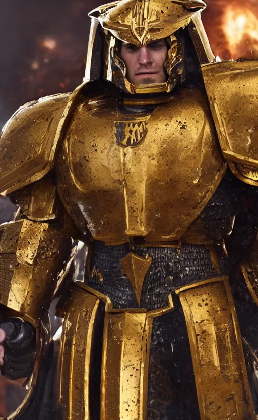 Image similar to angry Henry Cavill as warhammer 40k God-Emperor of Mankind dressed in his glowing golden power armor. full-length portrait, beautiful face, long hair, painted by Donato Giancarlo, intricate fine armor rune details, cinematic, highly detailed, octane render