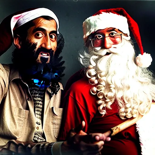 uhd candid photo of bin laden and santa claus on skid Stable