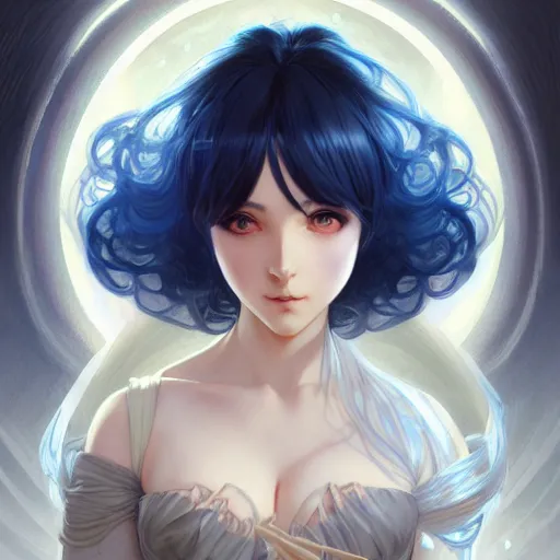 Image similar to anime girl, curvy body, blue hair, watery eyes, D&D, fantasy, intricate, elegant, highly detailed, digital painting, artstation, concept art, smooth, sharp focus, illustration, art by artgerm and greg rutkowski and alphonse mucha