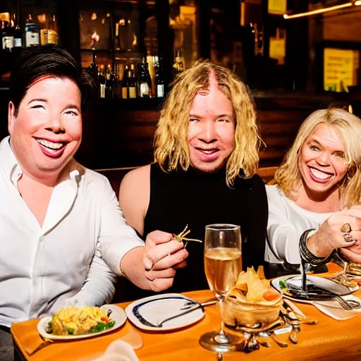 Image similar to portait of michael mcintyre and middle aged blonde woman with short hair and a blonde woman with long hair having dinner at sunday in brooklyn restaurant, greg rutkowsk