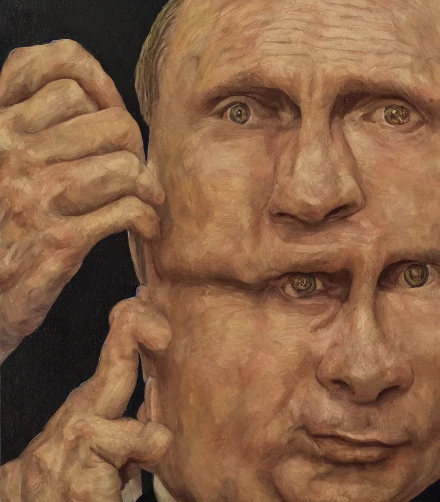 Image similar to closeup shot of putin in the style of lucian freud self portrait. oil painting, thick brush strokes.