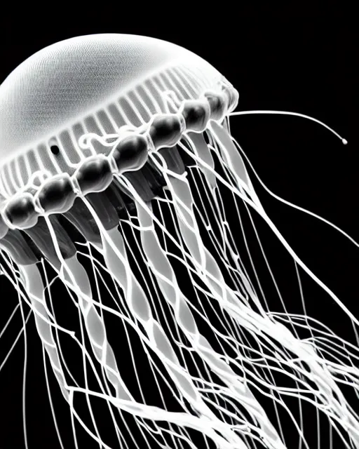 Image similar to black and white cyborg-jellyfish goddess high quality photo, microchip, artificial intelligence, bio-mechanical bio-luminescence, black wired cables, neurons, nerve cells, octane render, cinematic, rim light, hyper realism, photo-realistic, high detail, 8k, masterpiece, high fashion, in the style of Steven Meisel and Dora Maar and H.G. Giger