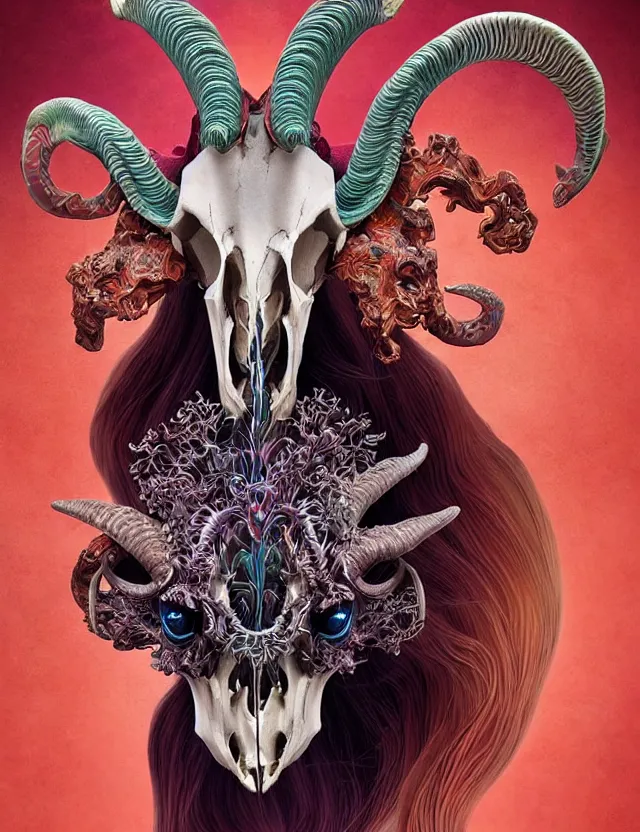 Prompt: 3 d goddess goat skull half - turn portrait with long hair with ram skull. beautiful intricately detailed japanese crow kitsune mask and clasical japanese kimono. betta fish, jellyfish phoenix, bio luminescent, plasma, ice, water, wind, creature, artwork by tooth wu and wlop and beeple and greg rutkowski