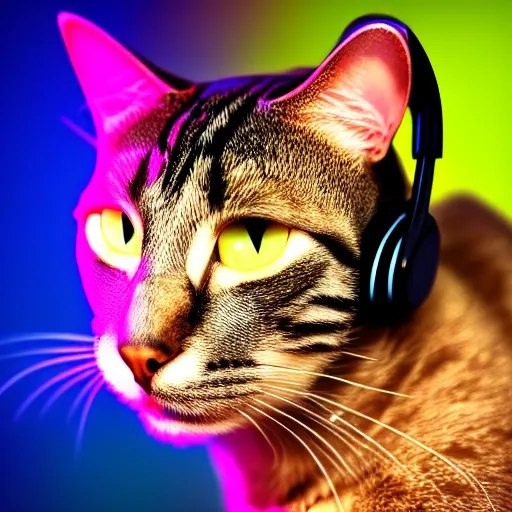 Prompt: a cat wearing headphones,studio photograph,professional photography,professional lighting,3 point lighting,detailed face,hyperdetailed,photorealistic,4k,neon lights