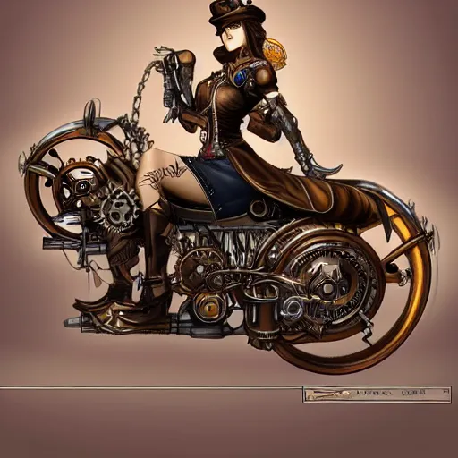 Prompt: a woman riding a steampunk motorcycle, digital art, ultra detailed